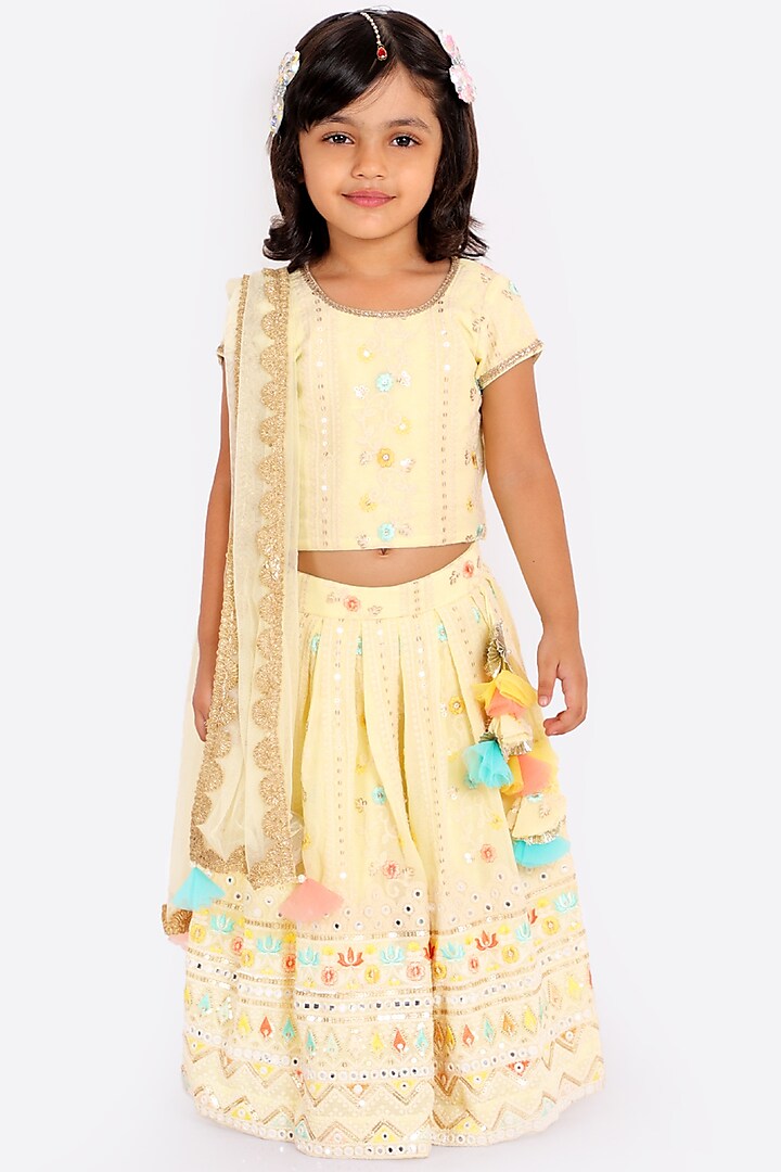 Peach Thread Embroidered Lehenga Set For Girls by Free Sparrow