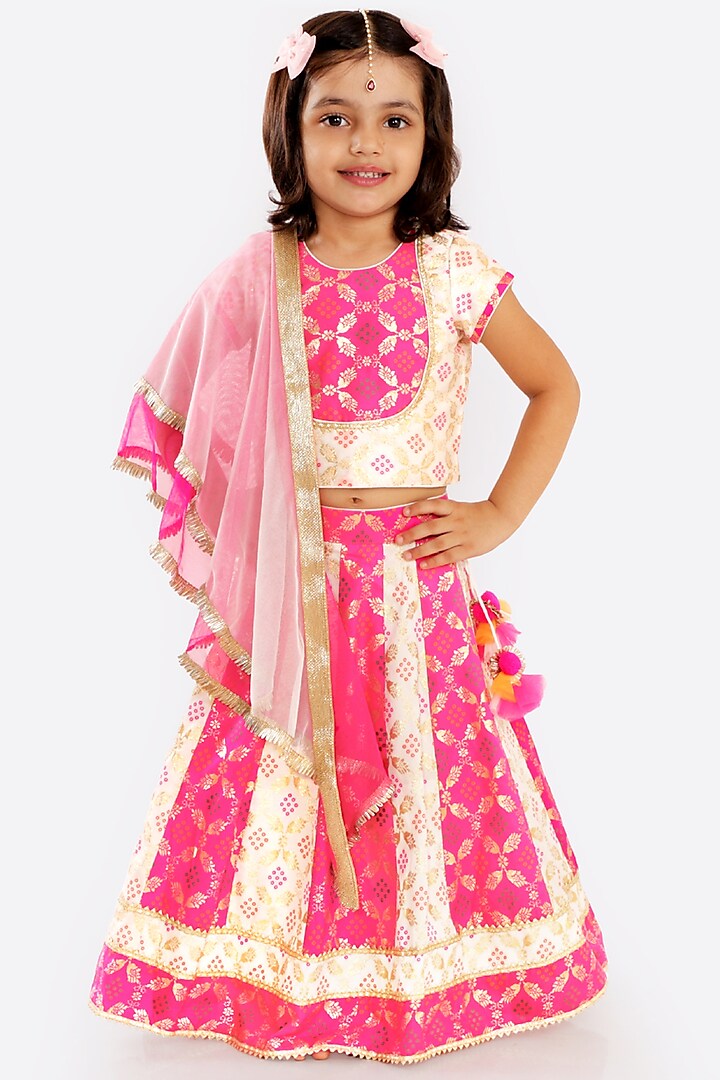 Dark Pink Color Blocked Lehenga Set For Girls by Free Sparrow