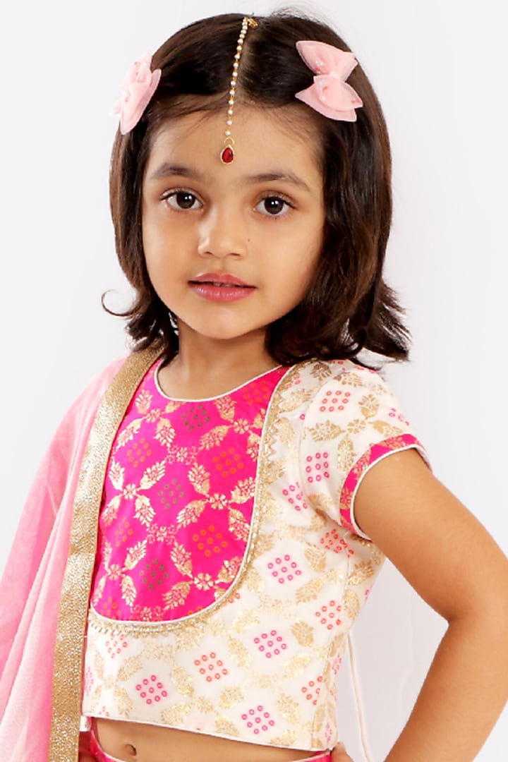 Dark Pink Color Blocked Lehenga Set For Girls by Free Sparrow at Pernia's Pop Up Shop