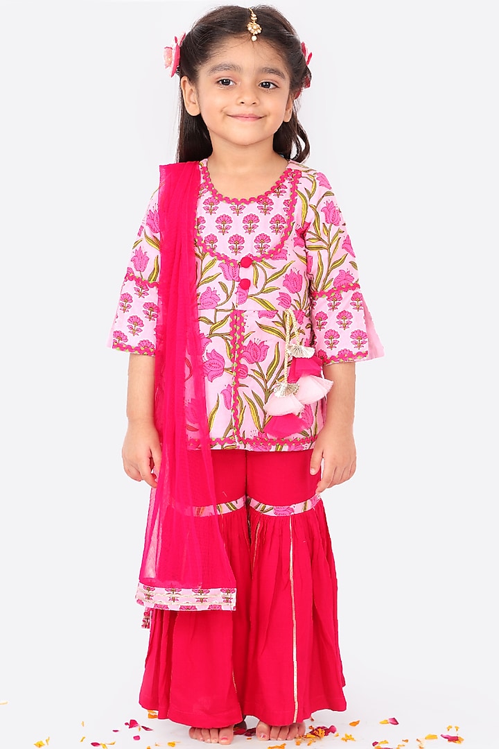 Candy Pink Panelled Sharara Set For Girls by Free Sparrow