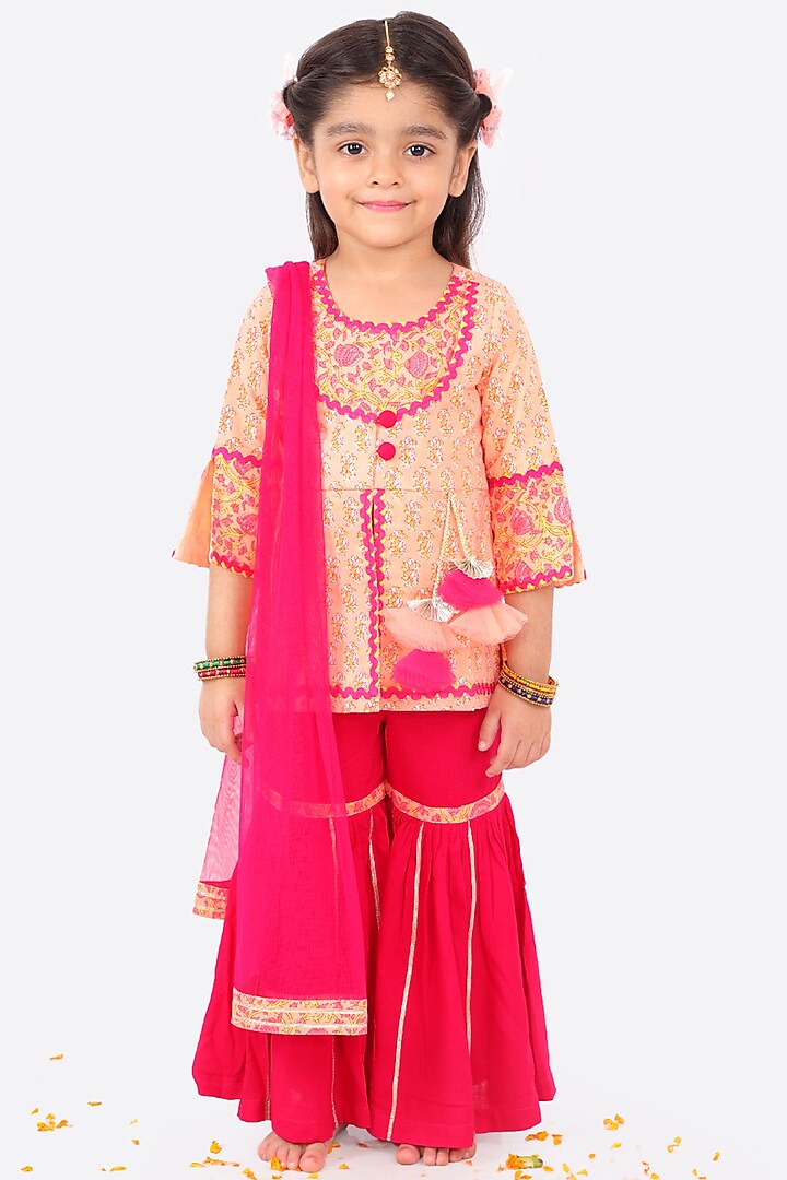 Candy Pink Cotton & Net Sharara Set For Girls by Free Sparrow