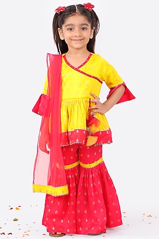 Bright Red Sequins Embroidered Sharara Set For Girls by Free Sparrow