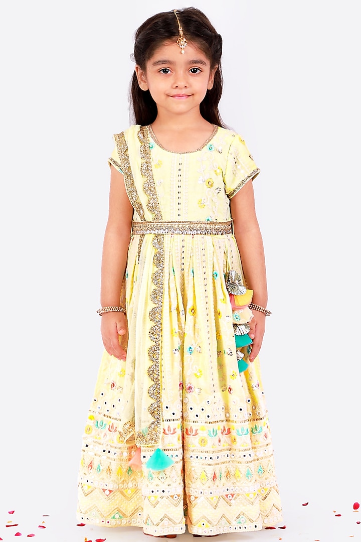 Cream Yellow Thread Embroidered Anarkali Set For Girls by Free Sparrow at Pernia's Pop Up Shop