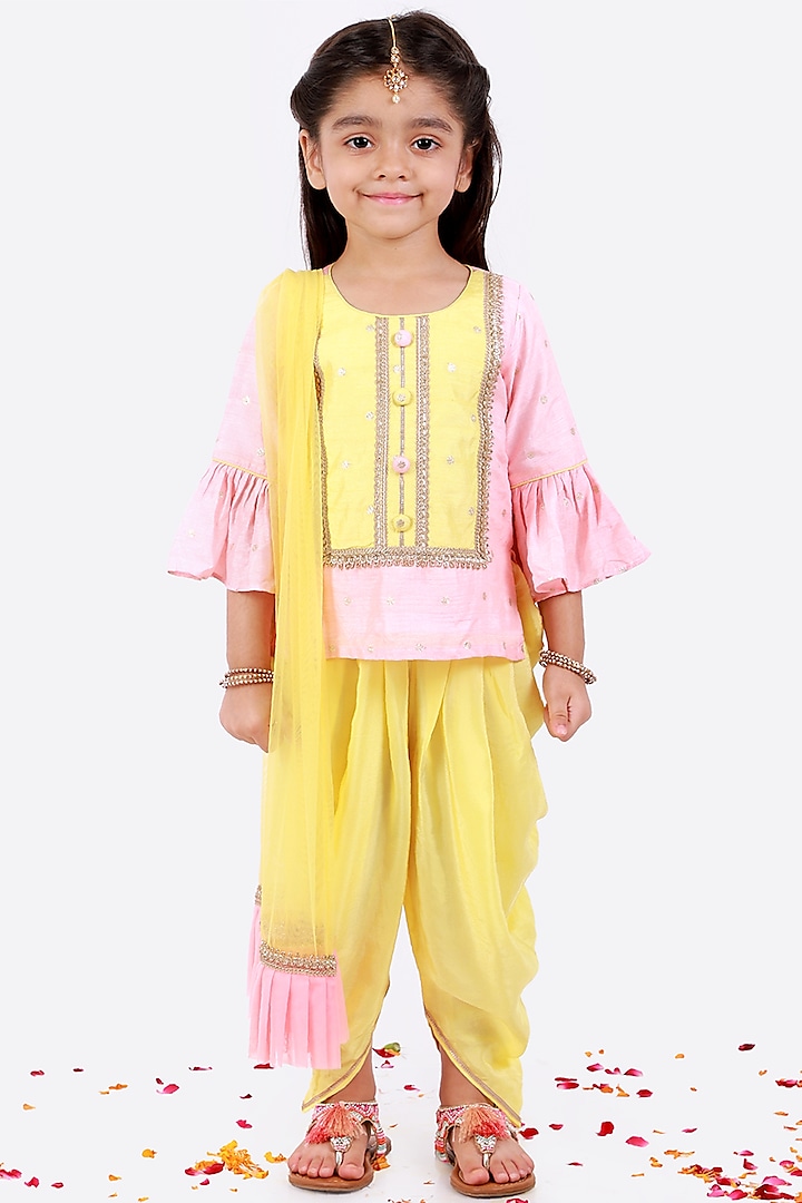 Yellow Net & Cotton Dhoti Set For Girls by Free Sparrow