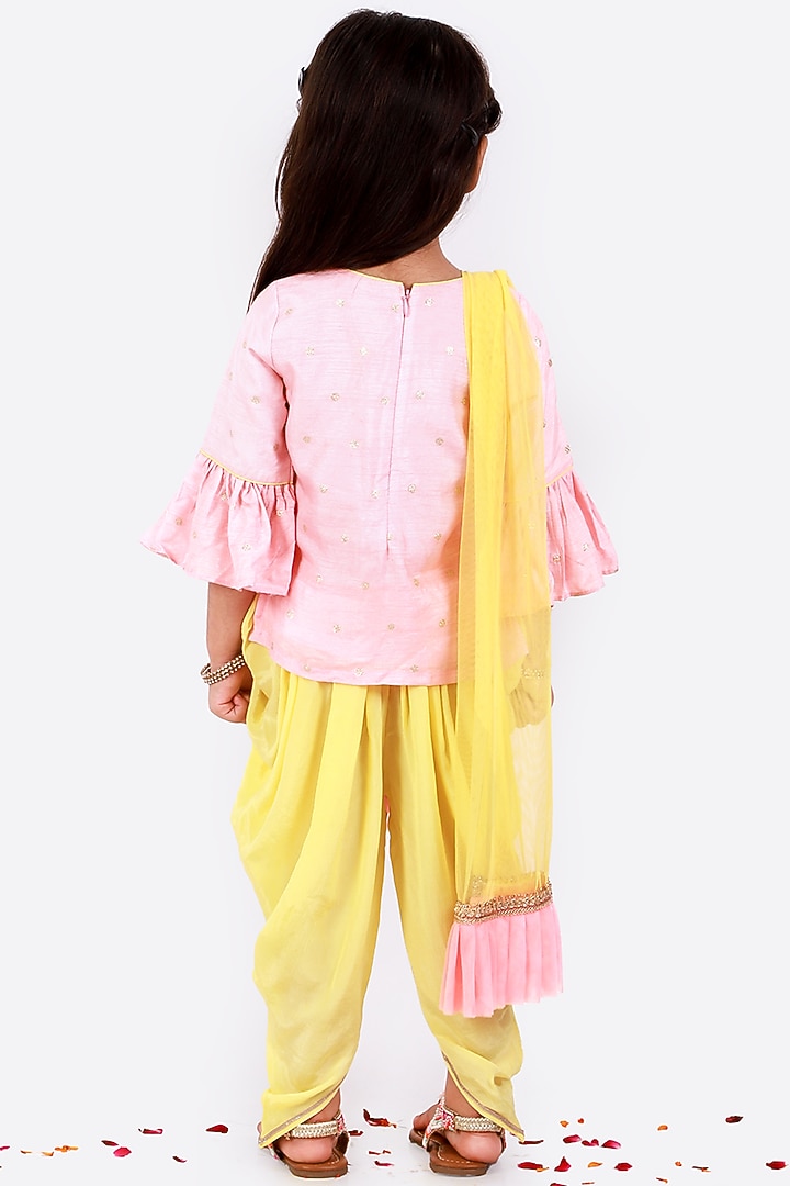 Yellow Net & Cotton Dhoti Set For Girls by Free Sparrow at Pernia's Pop Up Shop