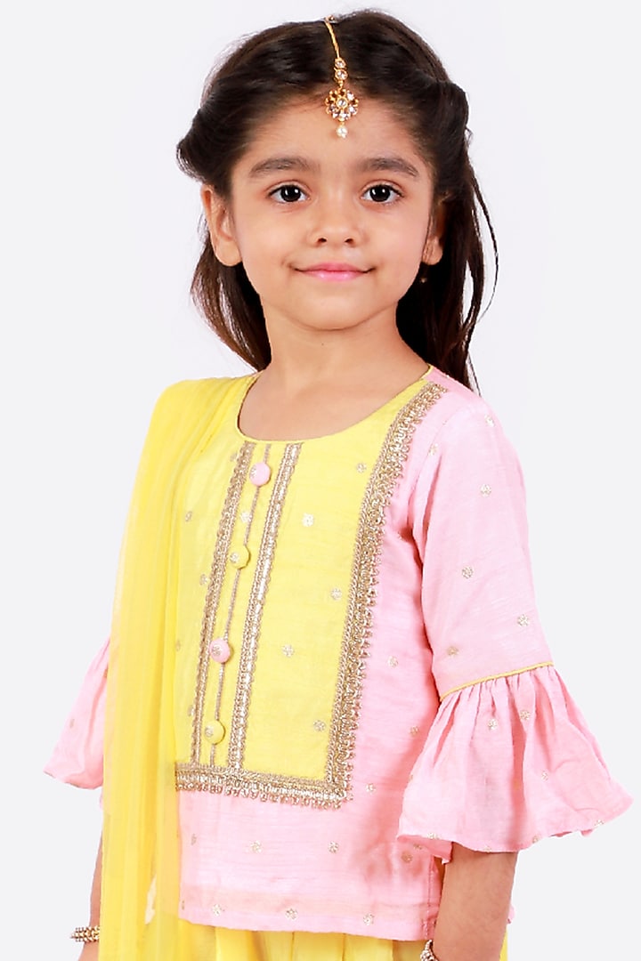 Yellow Net & Cotton Dhoti Set For Girls by Free Sparrow at Pernia's Pop Up Shop