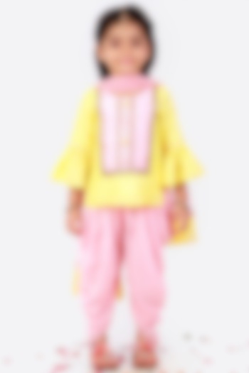 Peach Net & Cotton Dhoti Set For Girls by Free Sparrow at Pernia's Pop Up Shop