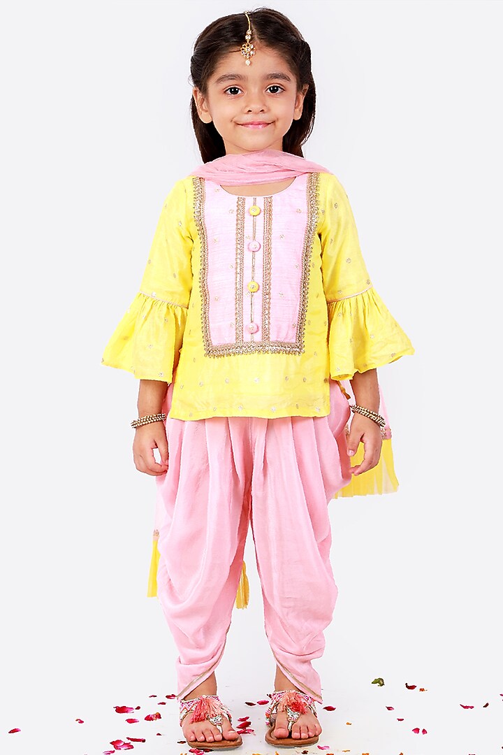 Peach Net & Cotton Dhoti Set For Girls by Free Sparrow at Pernia's Pop Up Shop