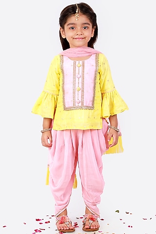 Peach Net & Cotton Dhoti Set For Girls by Free Sparrow