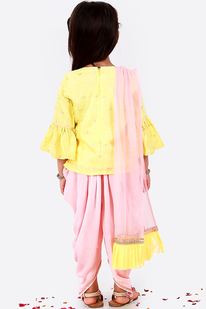 Peach Net & Cotton Dhoti Set For Girls by Free Sparrow at Pernia's Pop Up Shop