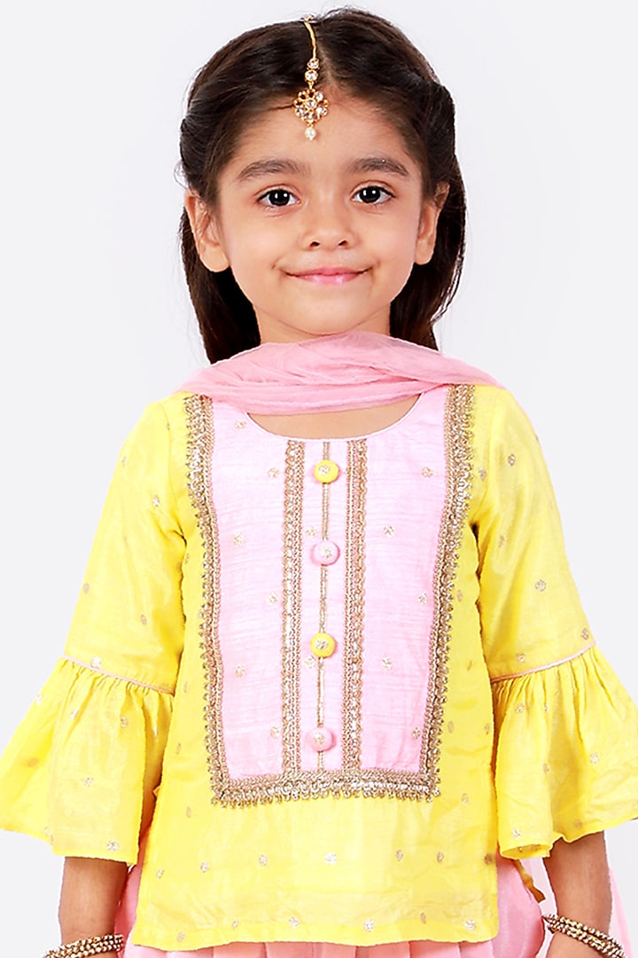 Peach Net & Cotton Dhoti Set For Girls by Free Sparrow at Pernia's Pop Up Shop