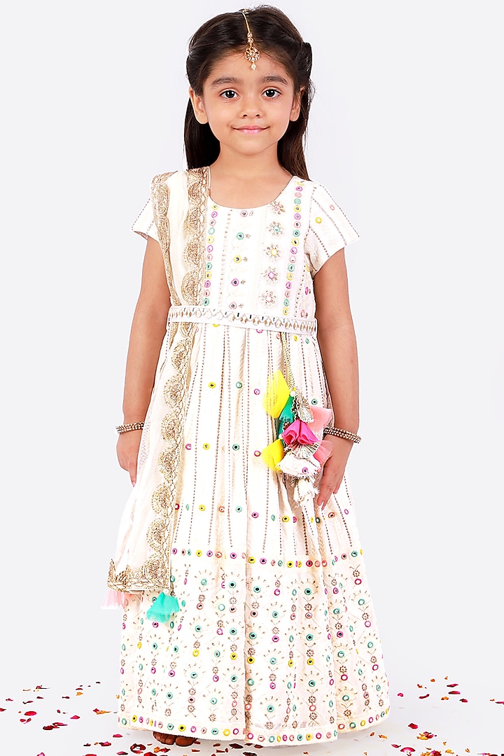 White Thread Embroidered Anarkali Set For Girls by Free Sparrow