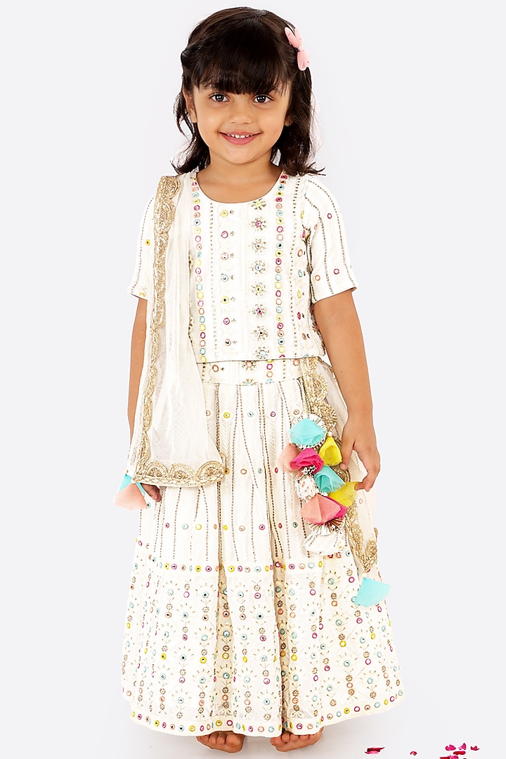 White Thread Embroidered Lehenga Set For Girls by Free Sparrow