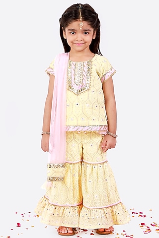 Banana Yellow Shantoon & Net Sharara Set For Girls by Free Sparrow