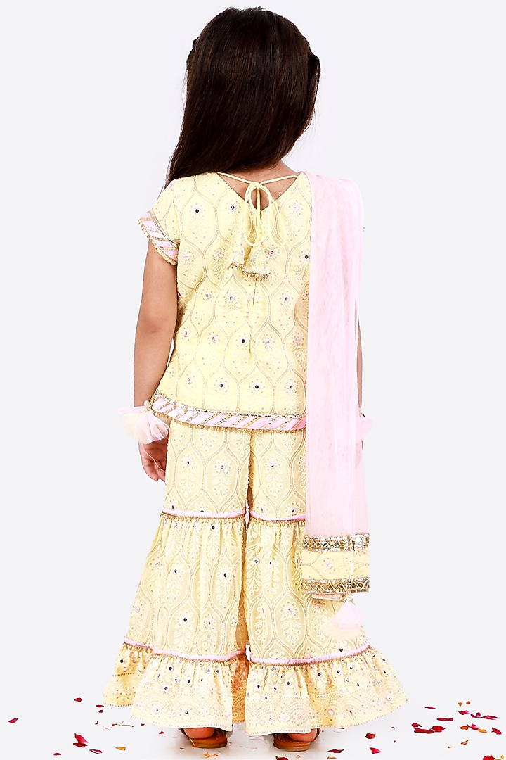 Banana Yellow Shantoon & Net Sharara Set For Girls by Free Sparrow at Pernia's Pop Up Shop