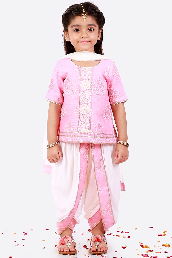 Blush Pink & White Thread Embroidered Dhoti Set For Girls by Free Sparrow at Pernia's Pop Up Shop