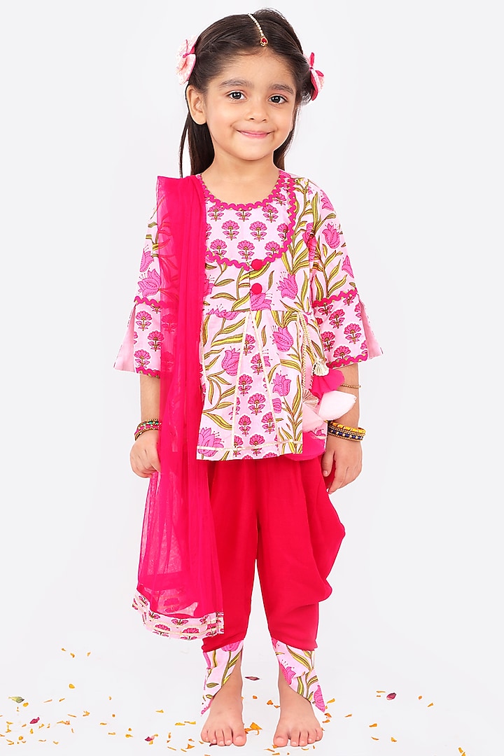 Candy Pink Cotton & Net Printed Dhoti Set For Girls by Free Sparrow
