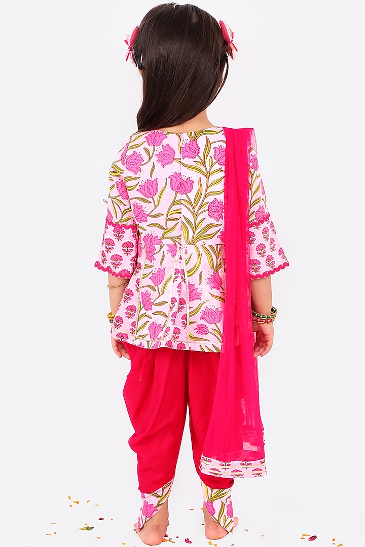 Candy Pink Cotton & Net Printed Dhoti Set For Girls by Free Sparrow at Pernia's Pop Up Shop