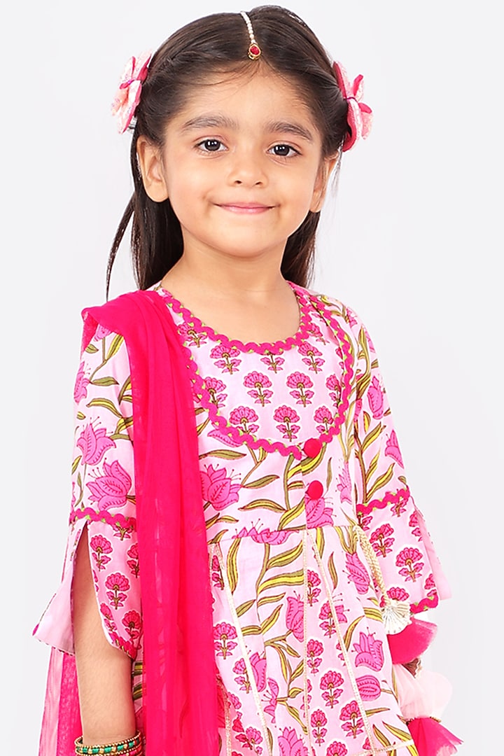 Candy Pink Cotton & Net Printed Dhoti Set For Girls by Free Sparrow at Pernia's Pop Up Shop