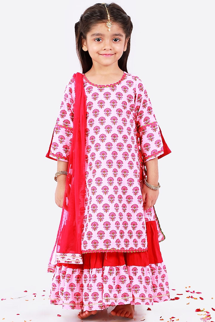Blush Pink & Candy Pink Printed Anarkali Set For Girls by Free Sparrow