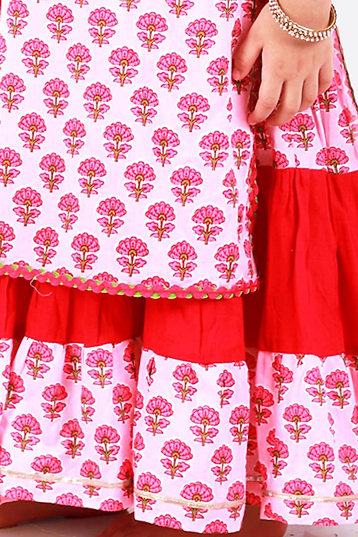 Blush Pink & Candy Pink Printed Anarkali Set For Girls by Free Sparrow at Pernia's Pop Up Shop