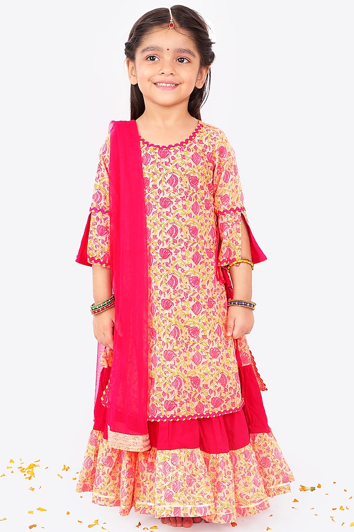 Pastel Yellow & Candy Pink Printed Anarkali Set For Girls by Free Sparrow