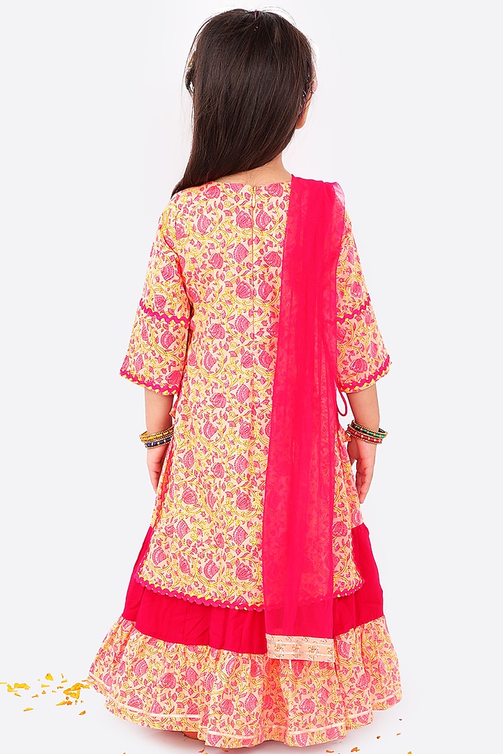 Pastel Yellow & Candy Pink Printed Anarkali Set For Girls by Free Sparrow at Pernia's Pop Up Shop
