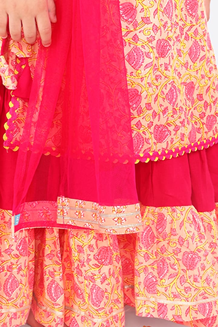 Pastel Yellow & Candy Pink Printed Anarkali Set For Girls by Free Sparrow at Pernia's Pop Up Shop