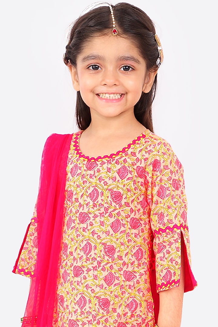 Pastel Yellow & Candy Pink Printed Anarkali Set For Girls by Free Sparrow at Pernia's Pop Up Shop