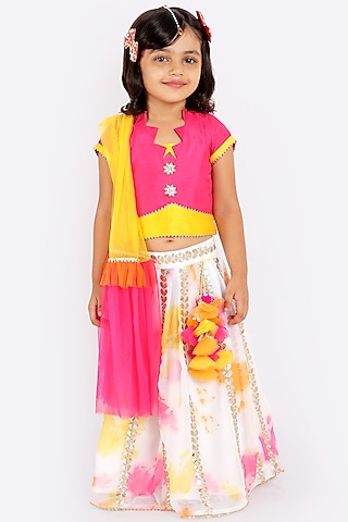 White Tie-Dyed Lehenga Set For Girls by Free Sparrow