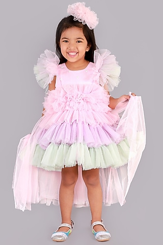 Electric Lavender & Pista Green Tiered Dress For Girls by Free Sparrow
