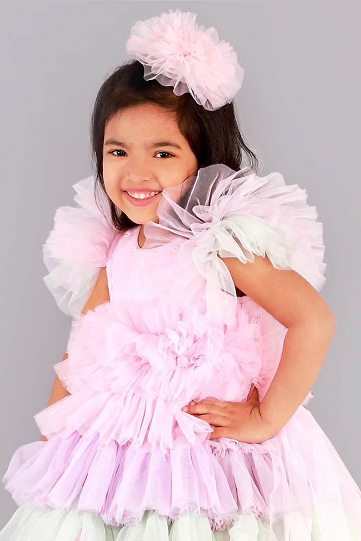 Electric Lavender & Pista Green Tiered Dress For Girls by Free Sparrow at Pernia's Pop Up Shop
