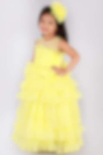 Butter Yellow Ruffled Gown For Girls by Free Sparrow