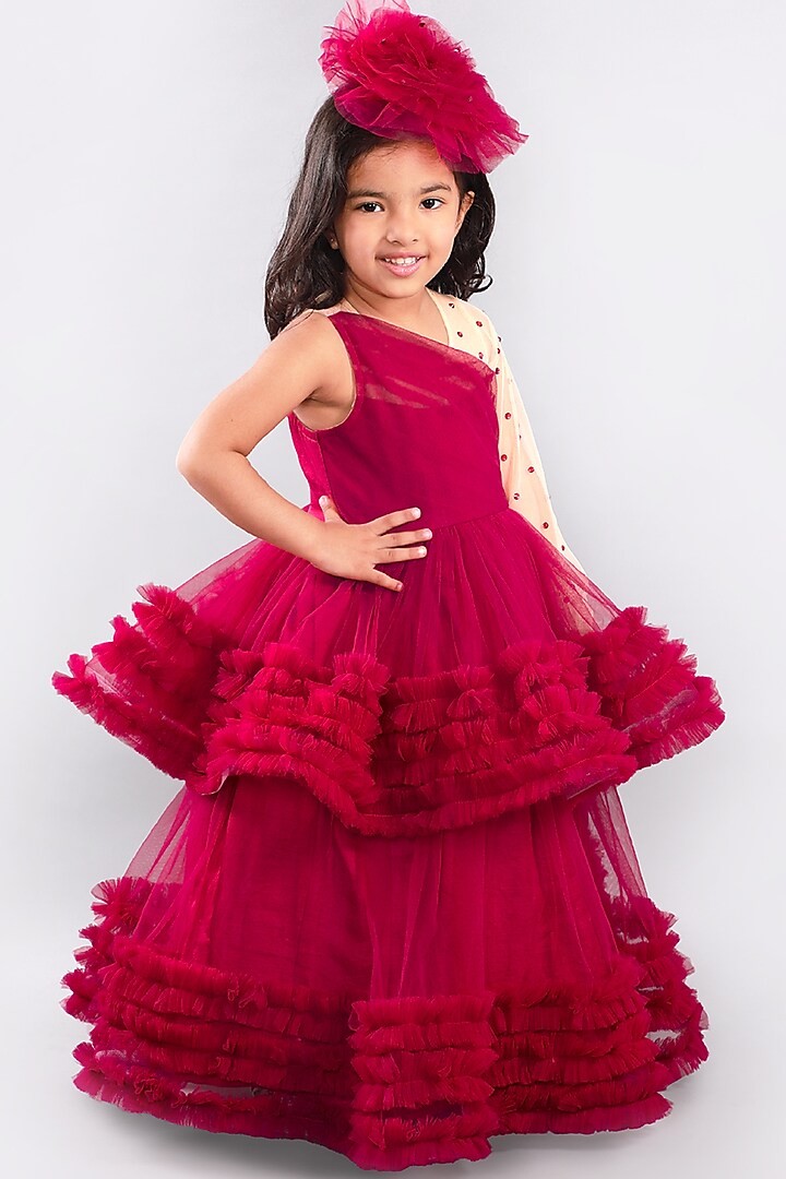 Burgundy Ruffled Tiered Gown For Girls by Free Sparrow