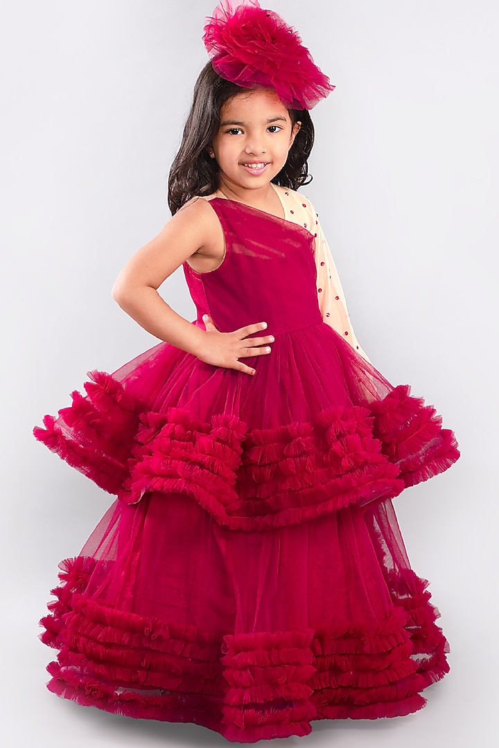 Burgundy Ruffled Tiered Gown For Girls by Free Sparrow at Pernia's Pop Up Shop