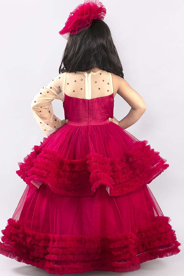 Burgundy Ruffled Tiered Gown For Girls by Free Sparrow at Pernia's Pop Up Shop