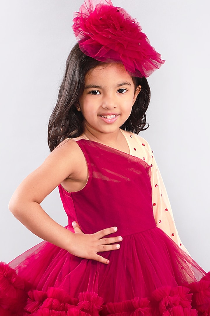 Burgundy Ruffled Tiered Gown For Girls by Free Sparrow at Pernia's Pop Up Shop