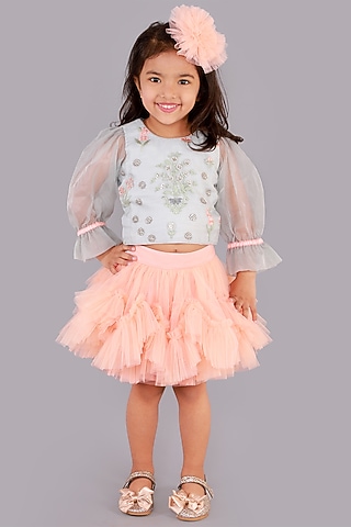 Peach Ruffled Skirt Set For Girls by Free Sparrow
