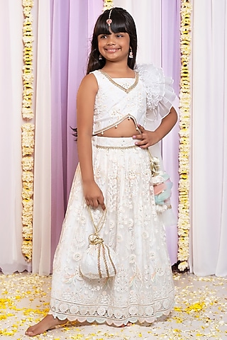 Ivory Net & Cotton Thread Work Lehenga Set For Girls by Free Sparrow