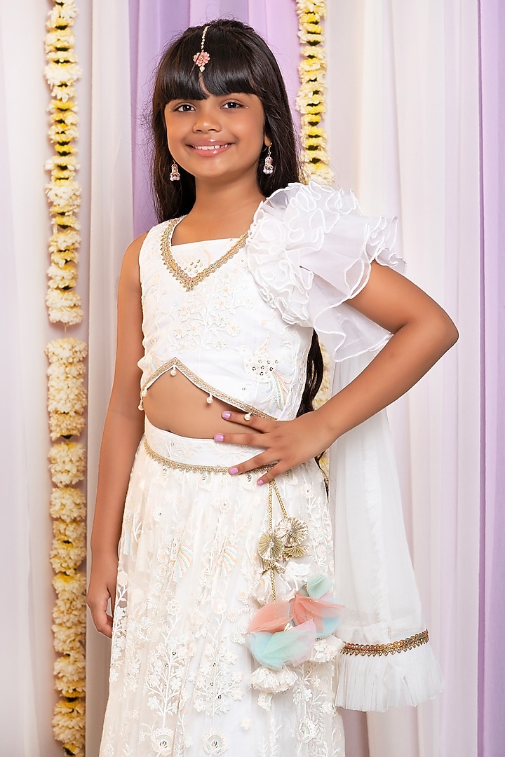 Ivory Net & Cotton Thread Work Lehenga Set For Girls by Free Sparrow at Pernia's Pop Up Shop