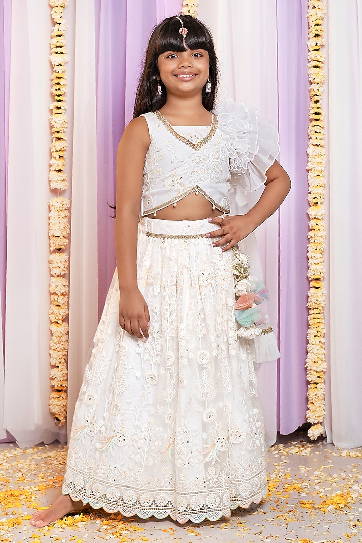 Ivory Net & Cotton Thread Work Lehenga Set For Girls by Free Sparrow at Pernia's Pop Up Shop