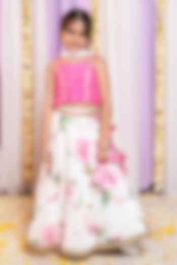 Ivory & Pink Organza Printed Lehenga Set For Girls by Free Sparrow at Pernia's Pop Up Shop