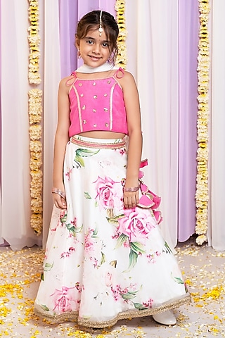 Ivory & Pink Organza Printed Lehenga Set For Girls by Free Sparrow