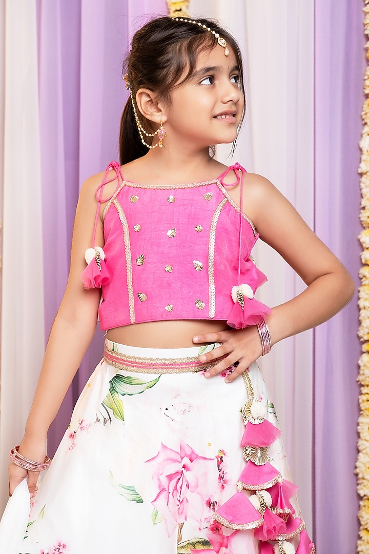 Ivory & Pink Organza Printed Lehenga Set For Girls by Free Sparrow at Pernia's Pop Up Shop