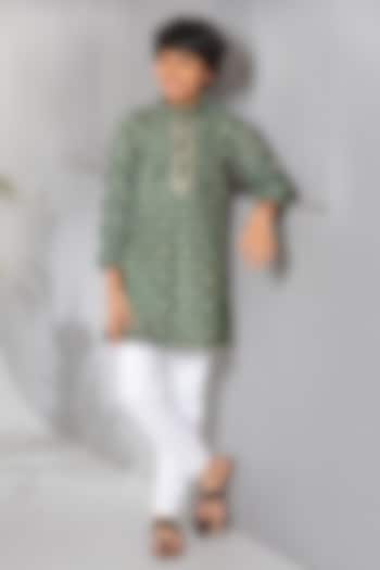 Green Chanderi Foil Printed Kurta Set For Boys by Free Sparrow at Pernia's Pop Up Shop