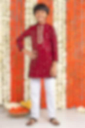 Wine Cotton & Silk Thread Embroidered Kurta Set For Boys by Free Sparrow at Pernia's Pop Up Shop