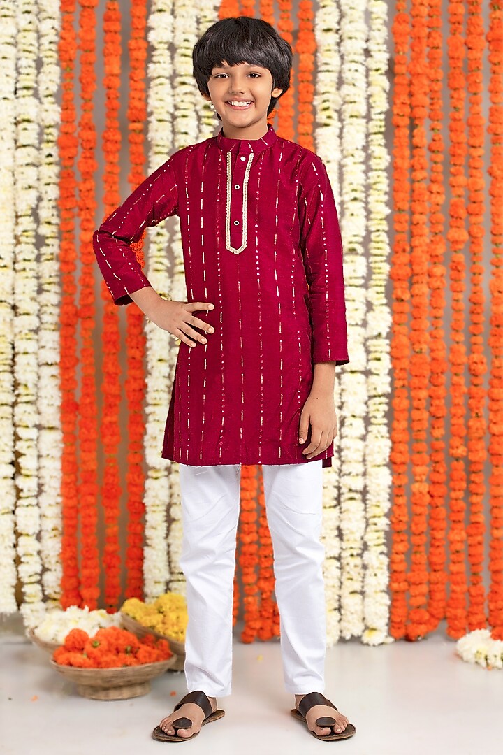 Wine Cotton & Silk Thread Embroidered Kurta Set For Boys by Free Sparrow at Pernia's Pop Up Shop