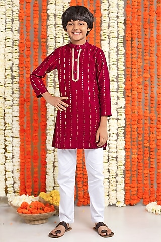 Wine Cotton & Silk Thread Embroidered Kurta Set For Boys by Free Sparrow