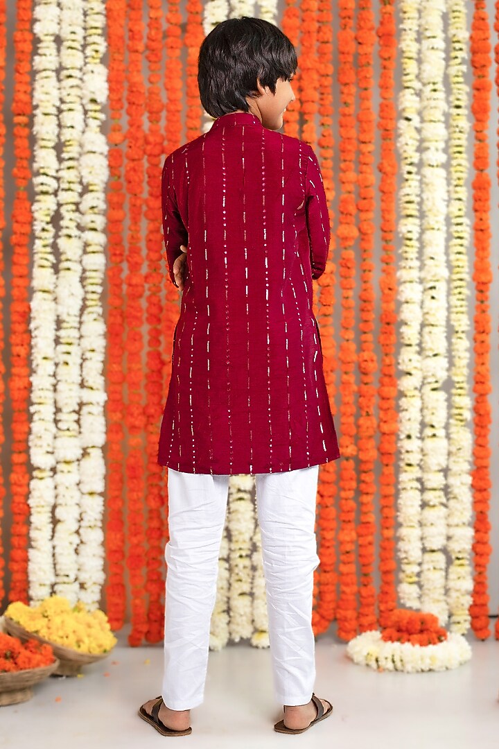 Wine Cotton & Silk Thread Embroidered Kurta Set For Boys by Free Sparrow at Pernia's Pop Up Shop