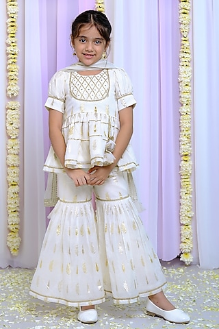Ivory Chanderi & Cotton Sharara Set For Girls by Free Sparrow